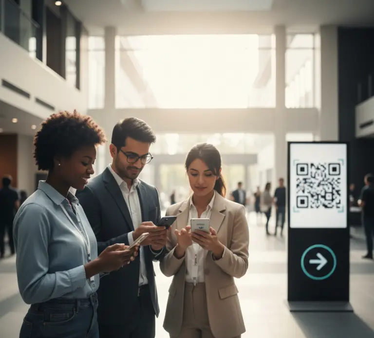 Attendees scanning a QR code and checking their phones to stay aligned during last minute event changes with a mobile event app.