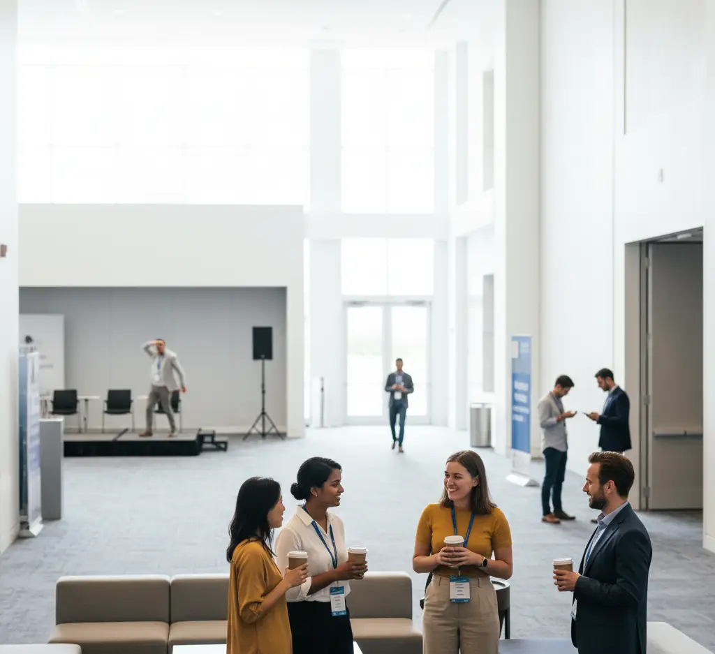 Attendees networking in a bright venue lounge during a break, showing how last minute event changes can stay controlled with clear updates and a steady event flow.
