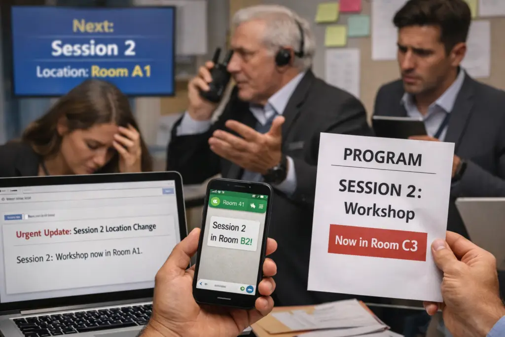 Event team overwhelmed by last minute event changes, showing conflicting room information on laptop, phone, printed program and screen while staff try to fix the situation.