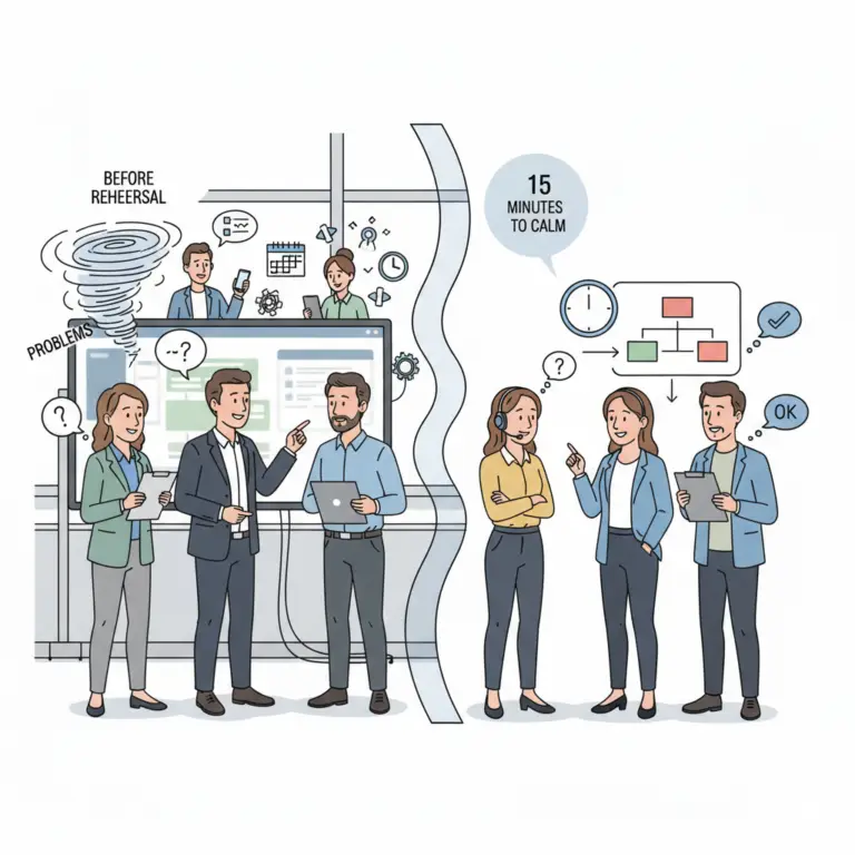 Split-scene illustration showing an event team before rehearsal in confusion and after rehearsal calmly aligning on a clear process for last minute event changes.