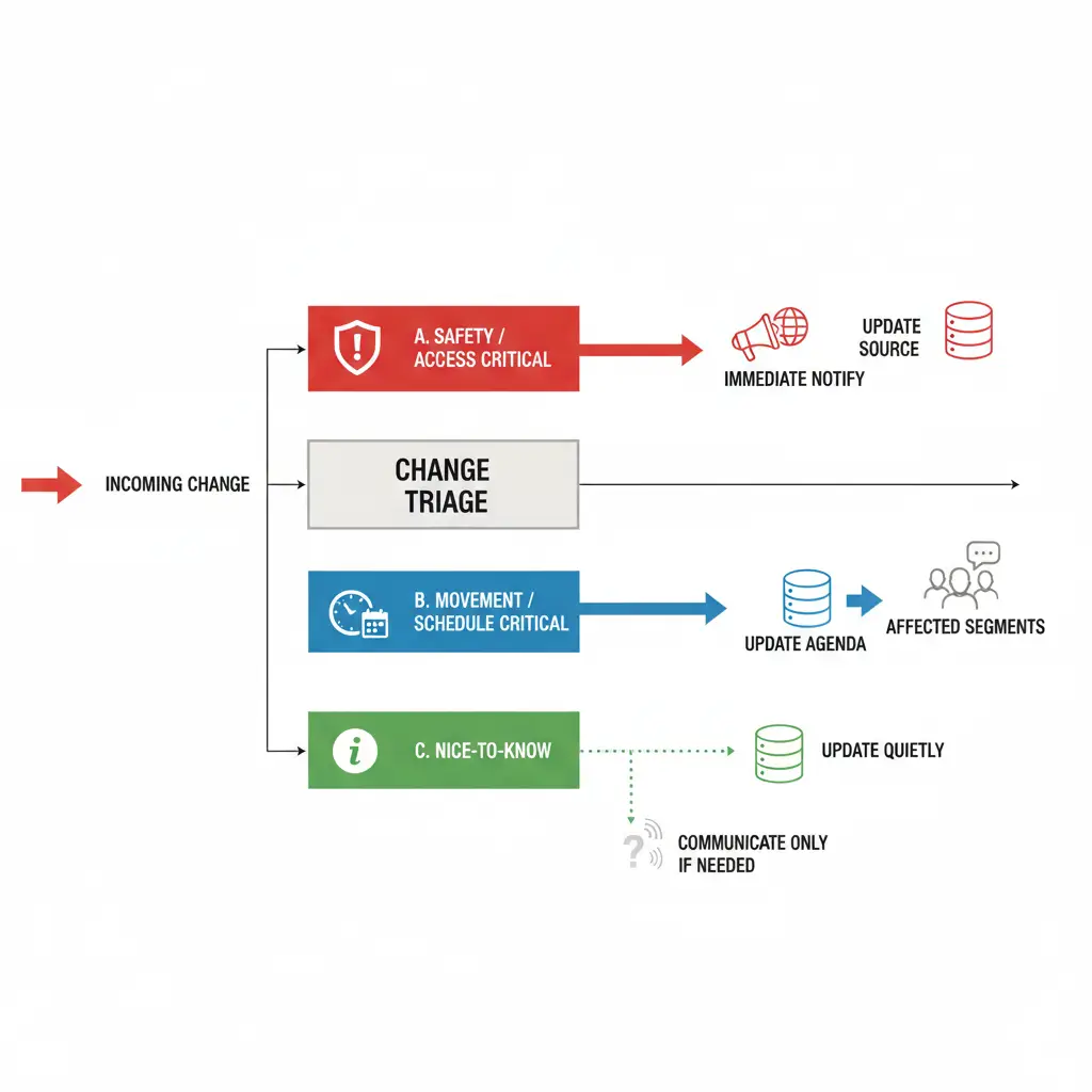 Flowchart showing a change triage process for last minute event changes, sorting updates into safety critical, schedule critical, and nice-to-know with actions to update the source of truth and notify the right audience.