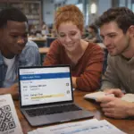 Students reviewing an orientation week schedule on a laptop, showing how a campus event app keeps campus events clear and up to date.