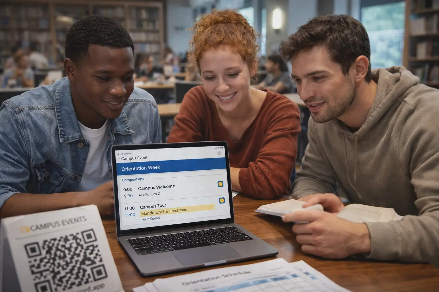Students reviewing an orientation week schedule on a laptop, showing how a campus event app keeps campus events clear and up to date.