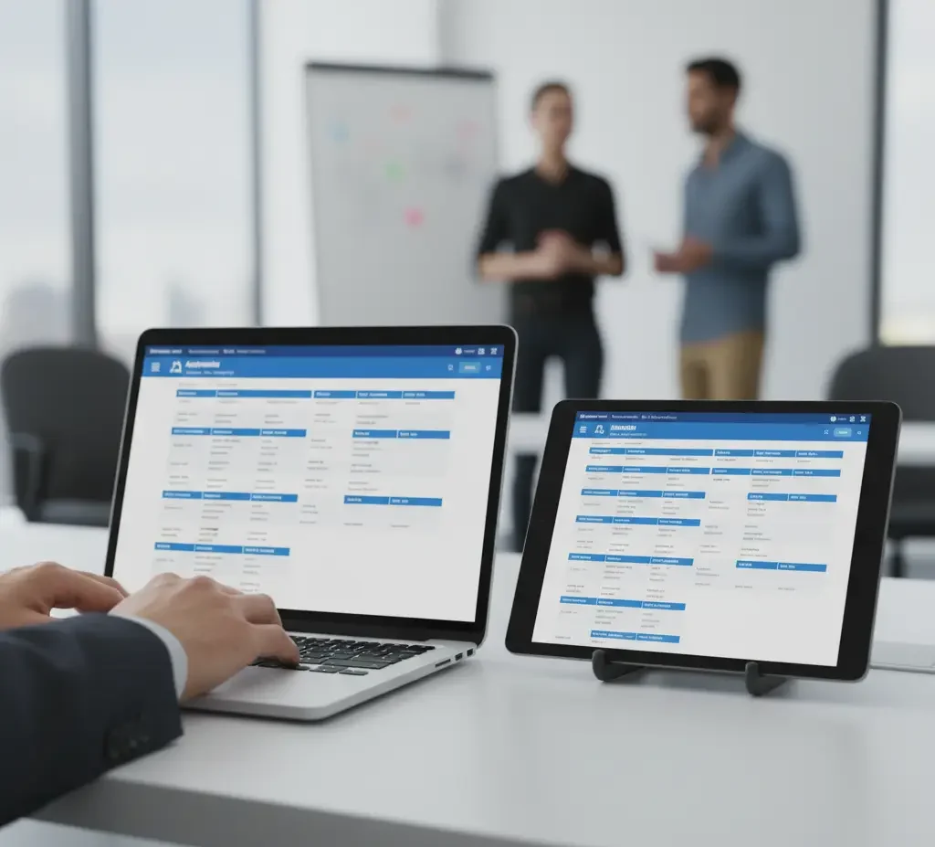 Laptop and tablet displaying the same updated event agenda, illustrating a single source of truth for last minute event changes and team alignment.