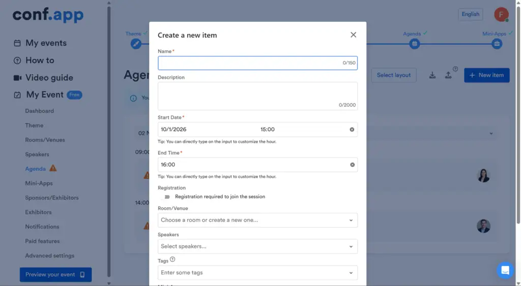 A pop-up window titled "Create a new item" is displayed on a conference management app interface. It includes fields for name, description, start and end times, and options for registration, room selection, speakers, and tags. The app's sidebar shows navigation options like My Events and Agenda.