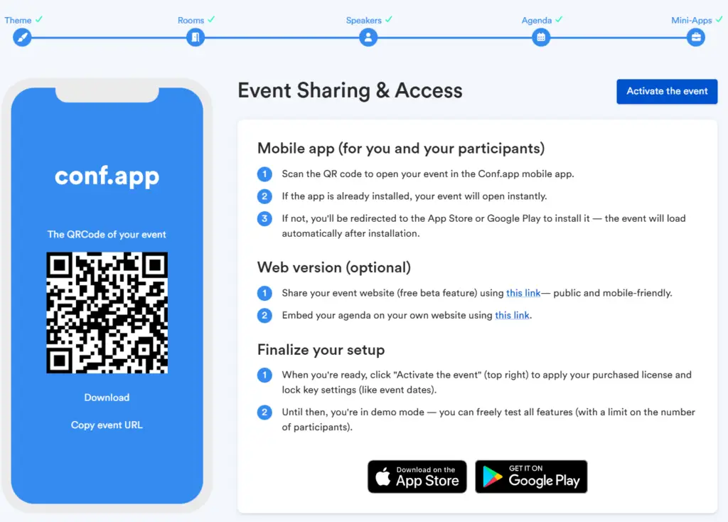 A digital event setup guide features a blue smartphone screen displaying a "conf.app" logo and a QR code for event access. Instructions for mobile app and web version usage are listed alongside options to download from the App Store and Google Play. A "Activate the event" button is visible at the top right.