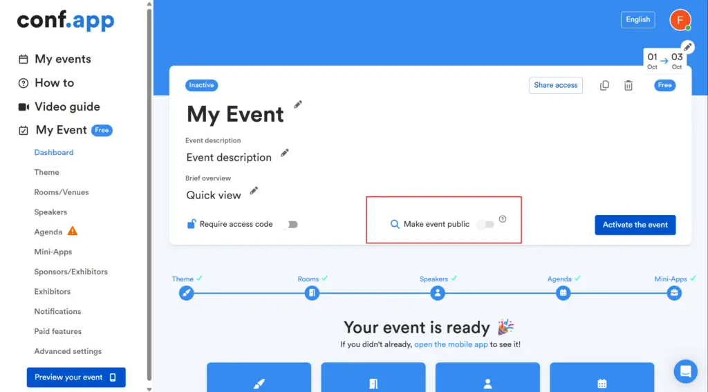 A screenshot of the conf.app event dashboard, displaying options to manage an event titled "My Event." The event is currently inactive, with options to edit the description and make the event public. The interface includes a sidebar with navigation links such as "Dashboard" and "Theme," and a button to activate the event.