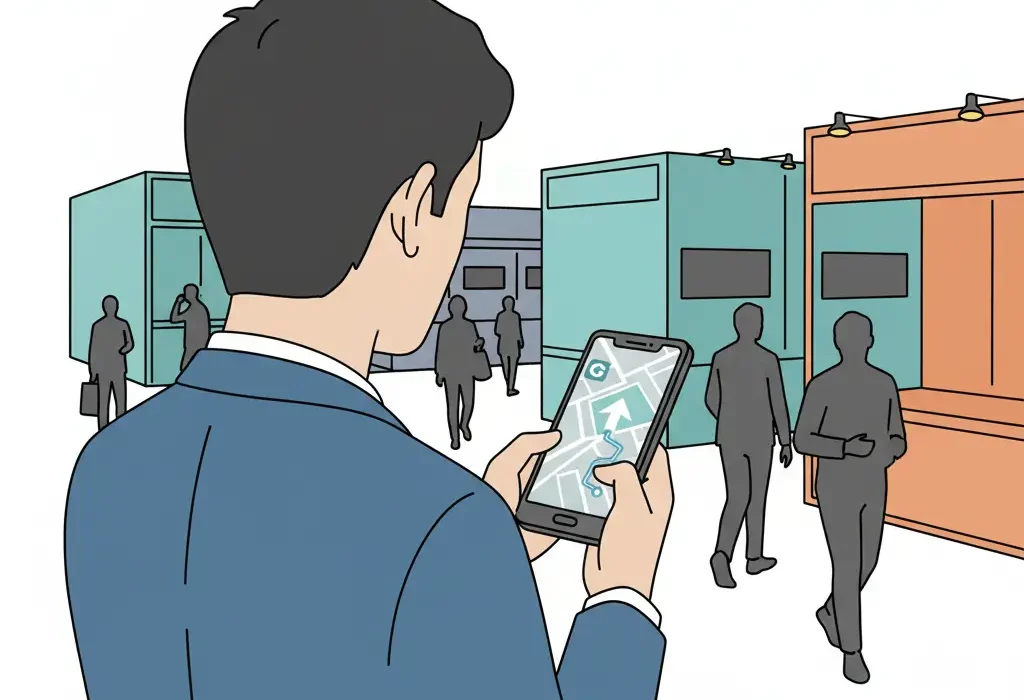 A person in a blue suit is using a smartphone with a map app, navigating through a busy exhibition hall with colorful booths and several people walking around.